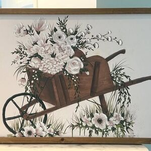 Framed Floral Wall Art 16 x 21 Rustic Farmhouse Wheelbarrow Painting